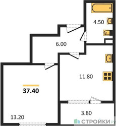 Планировка однокомнатной(квартира) площадью 37.4 квадратных метров в ЖК “Жилой квартал Новое Медведково”