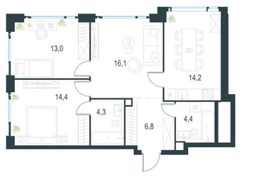 Планировка трехкомнатной(квартира) площадью 75.2 квадратных метров в ЖК “ЖК Левел Мичуринский”