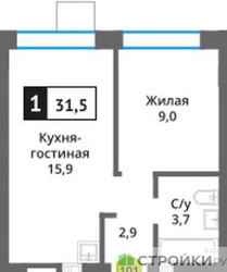 Планировка однокомнатной(квартира) площадью 31.5 квадратных метров в ЖК “ЖК Никольский квартал Отрада”