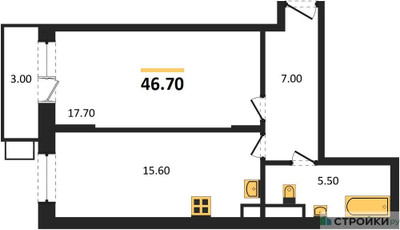 Планировка однокомнатной(квартира) площадью 46.7 квадратных метров в ЖК “ЖК Пироговская Ривьера”
