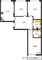 Планировка трехкомнатной(квартира) площадью 73.9 квадратных метров в “ЖК Деснаречье”