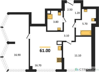 Планировка двухкомнатной(квартира) площадью 61 квадратных метров в ЖК “Акценты”