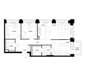 Планировка трехкомнатной(квартира) площадью 80.77 квадратных метров в ЖК “ЖК НОВА”