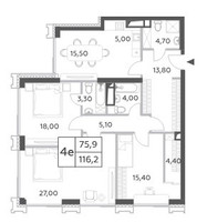 Планировка 4+ комнатной(квартира) площадью 116.2 квадратных метров в “ЖК Will Towers (Вилл Тауэрс)”