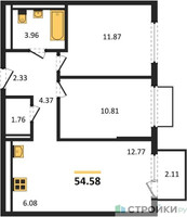 Планировка двухкомнатной(квартира) площадью 54.58 квадратных метров в “ЖК Пригород Лесное”