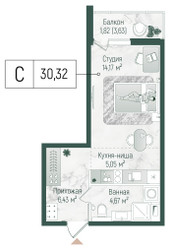 Планировка студии(квартира) площадью 32.14 квадратных метров в ЖК “ЖК Рига Хиллс”
