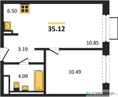 Планировка однокомнатной(квартира) площадью 35.12 квадратных метров в “ЖК Новое Видное”