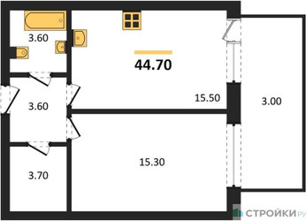 Планировка однокомнатной(квартира) площадью 44.7 квадратных метров в ЖК “ЖК Portland (Портланд)”