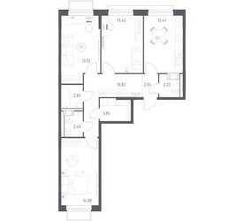 Планировка трехкомнатной(квартира) площадью 77.85 квадратных метров в ЖК “ЖК Томилино Парк”