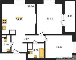 Планировка двухкомнатной(квартира) площадью 58.89 квадратных метров в ЖК “ЖК Светлый мир Станция Л”