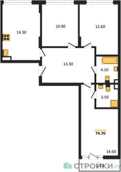Планировка трехкомнатной(квартира) площадью 73.9 квадратных метров в ЖК “ЖК Деснаречье”