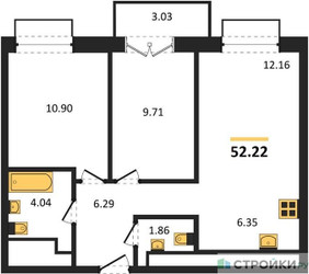 Планировка двухкомнатной(квартира) площадью 52.22 квадратных метров в “ЖК Одинбург”