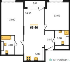 Планировка двухкомнатной(квартира) площадью 66.6 квадратных метров в “ЖК Южные сады”
