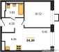 Планировка однокомнатной(квартира) площадью 34 квадратных метров в “ЖК Томилино Парк”