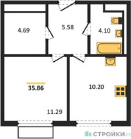 Планировка однокомнатной(квартира) площадью 35.86 квадратных метров в “ЖК Пригород Лесное”