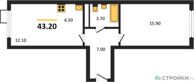 Планировка однокомнатной(квартира) площадью 42.2 квадратных метров в ЖК “ЖК Ново-Молоково”