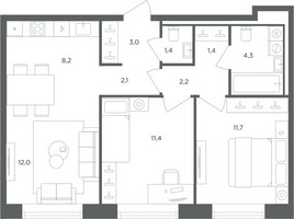Планировка трехкомнатной(квартира) площадью 57.7 квадратных метров в “ЖК Равновесие”