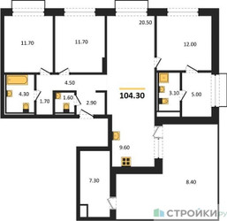 Планировка трехкомнатной(квартира) площадью 104.3 квадратных метров в ЖК “ЖК Равновесие”