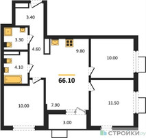 Планировка трехкомнатной(квартира) площадью 66.1 квадратных метров в “ЖК Дзен-кварталы”