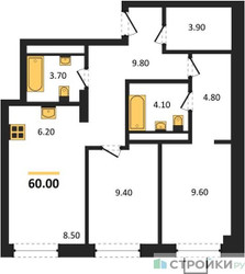 Планировка двухкомнатной(квартира) площадью 60 квадратных метров в ЖК “ЖК Новые смыслы”
