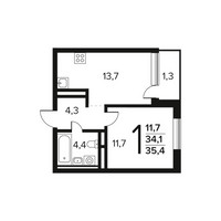 Планировка однокомнатной(квартира) площадью 35.4 квадратных метров в “Новые Ватутинки. Заречный”