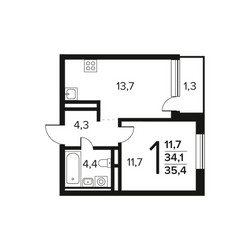 Планировка однокомнатной(квартира) площадью 35.4 квадратных метров в ЖК “Новые Ватутинки. Заречный”
