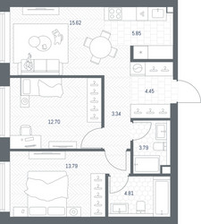 Планировка двухкомнатной(квартира) площадью 64.35 квадратных метров в ЖК “ЖК TATE (Тэйт)”