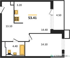 Планировка однокомнатной(квартира) площадью 53.41 квадратных метров в “ЖК Sky Sputnik (Скай Спутник)”