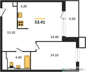 Планировка однокомнатной(квартира) площадью 53.41 квадратных метров в ЖК “ЖК Sky Sputnik (Скай Спутник)”