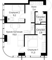 Планировка двухкомнатной(квартира) площадью 52.6 квадратных метров в “ЖК Сити Бэй”