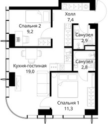 Планировка двухкомнатной(квартира) площадью 52.6 квадратных метров в ЖК “ЖК Сити Бэй”
