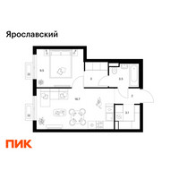 Планировка однокомнатной(квартира) площадью 37.8 квадратных метров в “ЖК Ярославский”