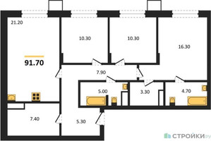 Планировка трехкомнатной(квартира) площадью 91.7 квадратных метров в “ЖК Резиденции Сколково”