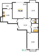 Планировка трехкомнатной(квартира) площадью 78.8 квадратных метров в “ЖК Римский”