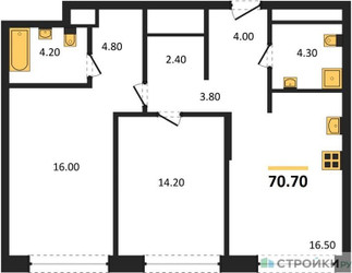 Планировка двухкомнатной(квартира) площадью 70.7 квадратных метров в “ЖК Мангазея на Речном”