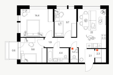 Планировка трехкомнатной(квартира) площадью 67.8 квадратных метров в ЖК “ЖК Бусиновский парк”