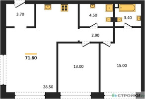 Планировка двухкомнатной(квартира) площадью 71.6 квадратных метров в “ЖК Вейв”