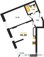 Планировка однокомнатной(квартира) площадью 45.2 квадратных метров в “ЖК Переделкино Ближнее”