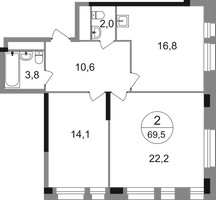 Планировка двухкомнатной(квартира) площадью 69.5 квадратных метров в “ЖК Первый Московский”