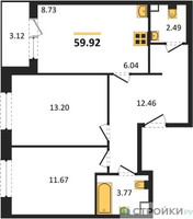 Планировка двухкомнатной(квартира) площадью 59.92 квадратных метров в “Жилые кварталы Новое Пушкино”