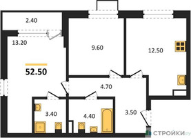 Планировка двухкомнатной(квартира) площадью 52.5 квадратных метров в “ЖК Прокшино”