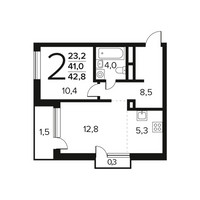 Планировка двухкомнатной(квартира) площадью 42.8 квадратных метров в “Новые Ватутинки. Заречный”