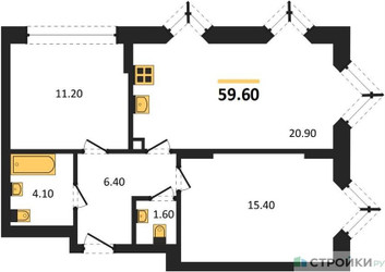Планировка двухкомнатной(квартира) площадью 59.6 квадратных метров в ЖК “ЖК Wave (Вейв)”