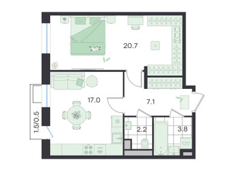 Планировка двухкомнатной(квартира) площадью 51.3 квадратных метров в ЖК “ЖК G3 Театральный”