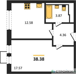 Планировка однокомнатной(квартира) площадью 38.38 квадратных метров в ЖК “ЖК Квартал Ивакино”