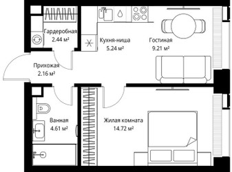 Планировка однокомнатной(квартира) площадью 38.38 квадратных метров в ЖК “ЖК Веер”