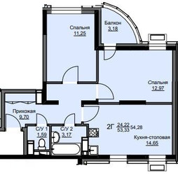 Планировка двухкомнатной(квартира) площадью 54.9 квадратных метров в ЖК “ЖК Соболевка”