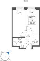 Планировка однокомнатной(апартаменты) площадью 32.38 квадратных метров в “ЖК Волковская 67”