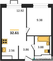 Планировка однокомнатной(квартира) площадью 32.61 квадратных метров в “ЖК Прибрежный Парк”