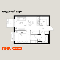 Планировка однокомнатной(квартира) площадью 38.1 квадратных метров в ЖК “ЖК Амурский парк”